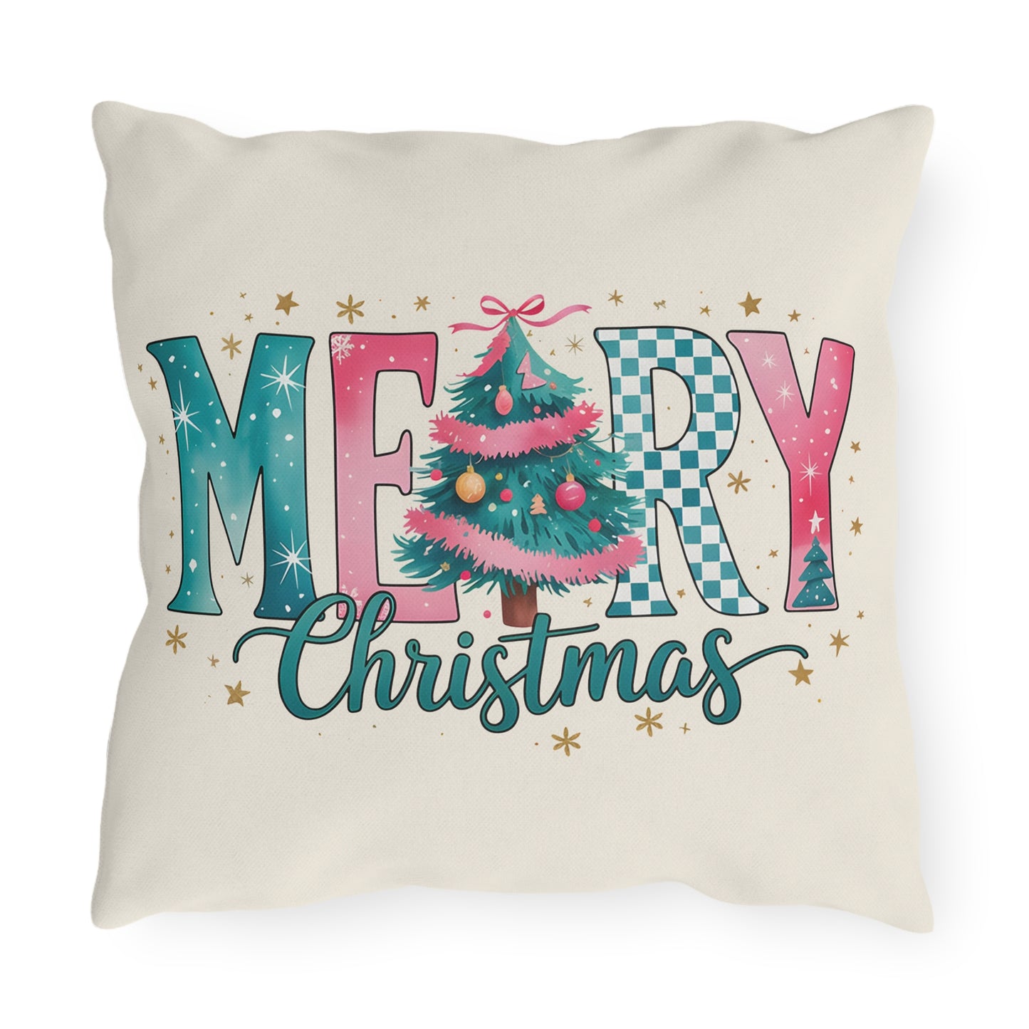 Merry Christmas Outdoor Pillow — Festive Teal & Pink Tree Holiday Cushion