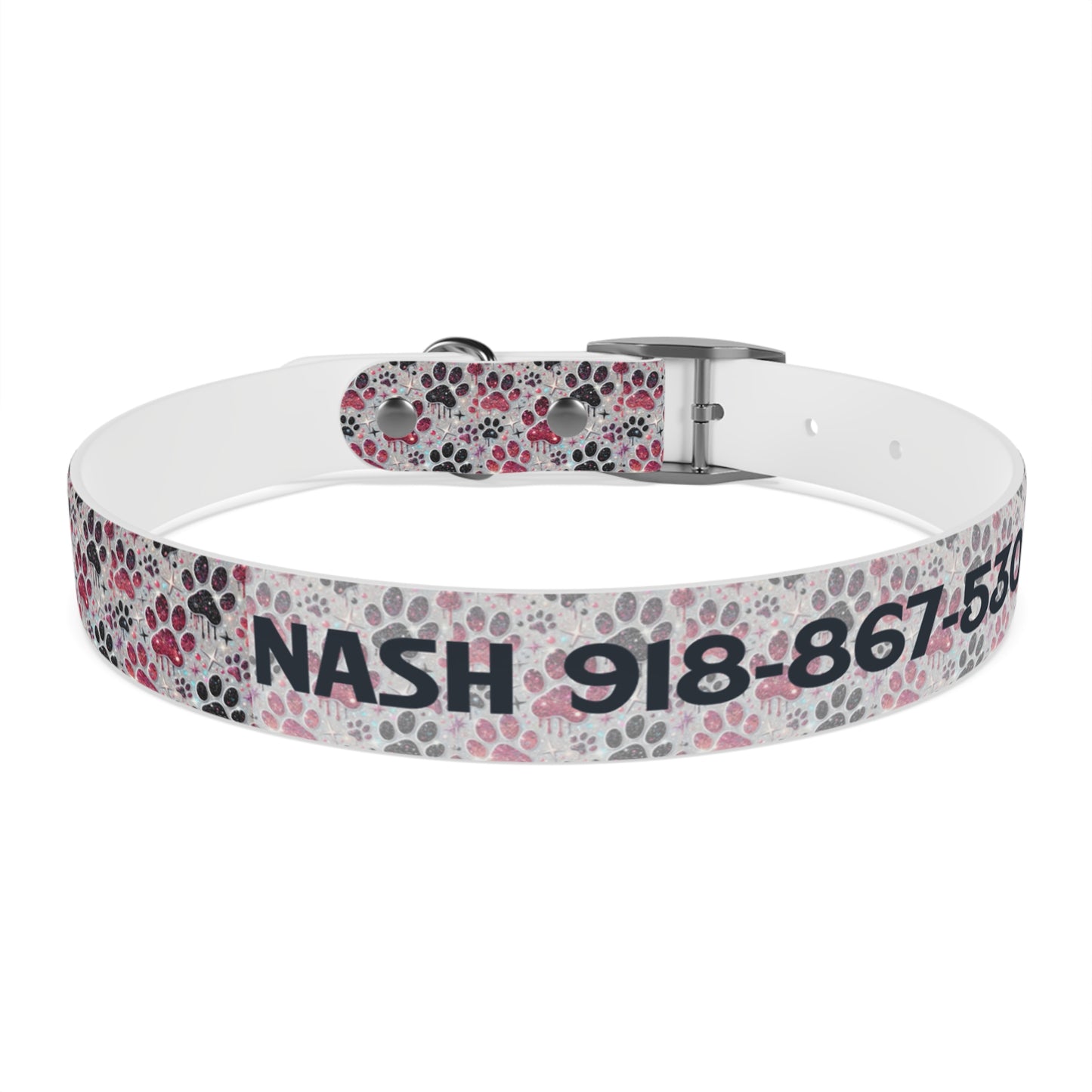 Personalized Paw Print Dog Collar — Custom Name & Phone Number, Cute Pink Gray Pet Collar