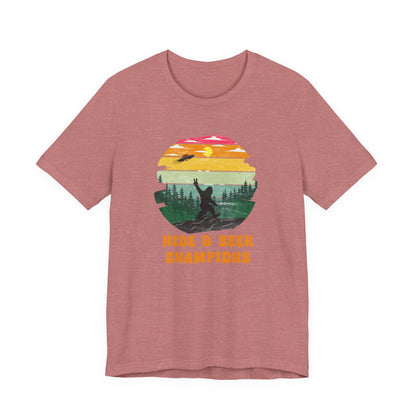 Retro Bigfoot T-Shirt Funny Hide and Seek Champion Graphic Tee Sasquatch Silhouette Sunset Forest Shirt Vintage Cryptid Lover Gift