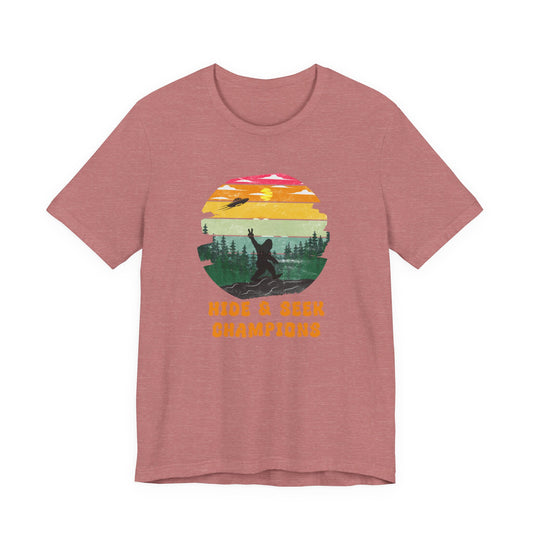 Retro Bigfoot T-Shirt Funny Hide and Seek Champion Graphic Tee Sasquatch Silhouette Sunset Forest Shirt Vintage Cryptid Lover Gift