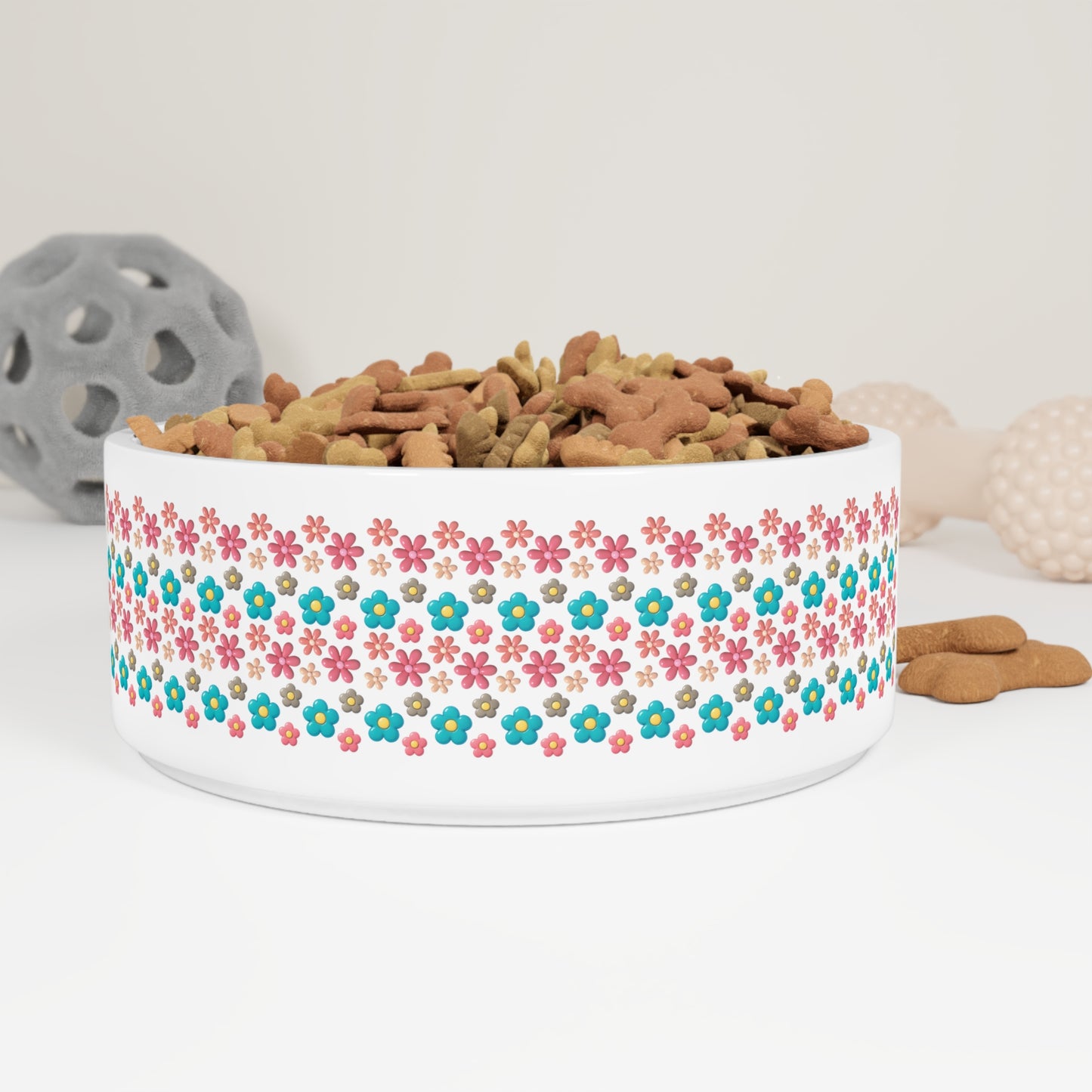 3D Floral Stripe Pet Bowl — Cute Pink & Teal Daisy Pattern