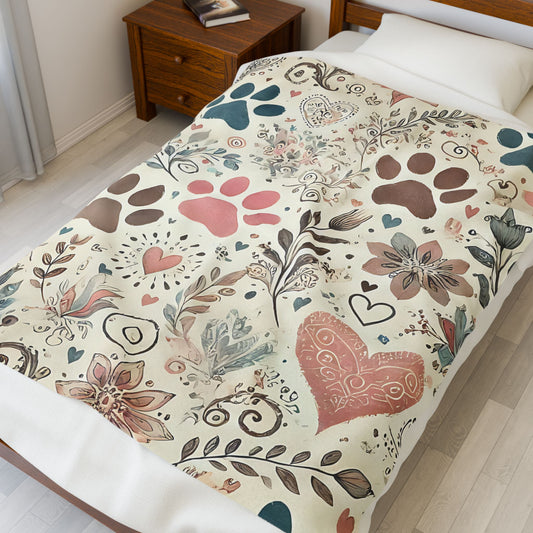 Cozy Pet Lover's Velveteen Plush Blanket | Floral & Paw Print Decor | Perfect for Home, Gifts, and Celebrations