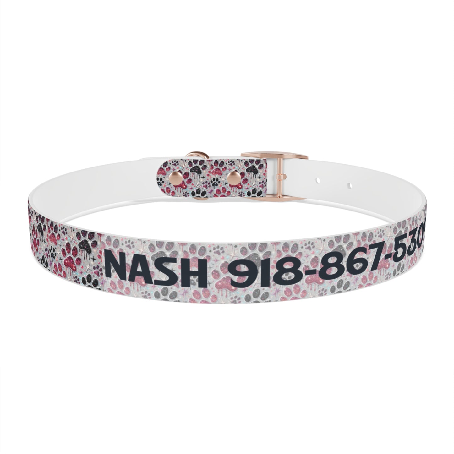 Personalized Paw Print Dog Collar — Custom Name & Phone Number, Cute Pink Gray Pet Collar