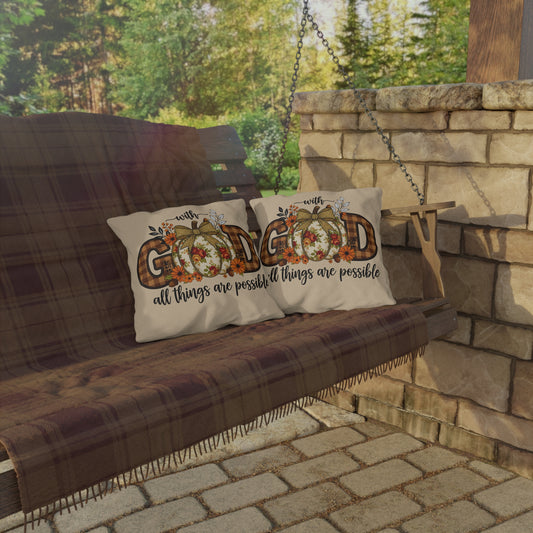 Outdoor Pillow — "With God All Things Are Possible" Fall Pumpkin Plaid Accent Pillow