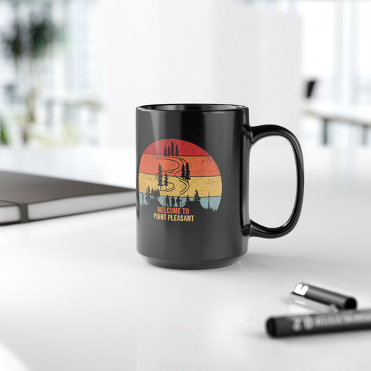 Welcome to Point Pleasant Vintage Black 15oz Mug  Retro Coffee Cup Gift for Locals and Tourists Travel Souvenir Camper's Beverage Holder