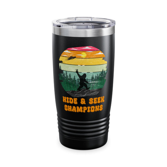Retro Bigfoot 20 oz Tumbler Funny Hide and Seek Champion Graphic Steele Tumbler Sasquatch Silhouette Sunset Forest Cup Vintage Cryptid Lover Gift