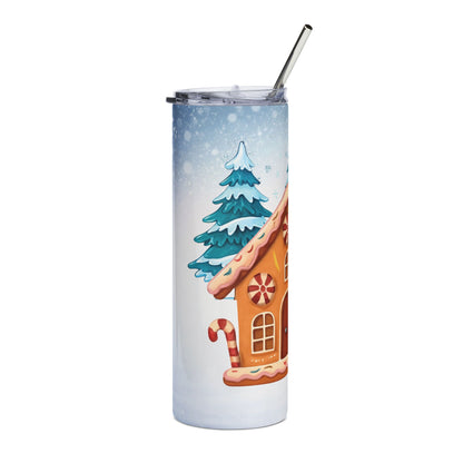 Gingerbread House Snowman Stainless Steel Tumbler - Winter Holiday Travel Cup
