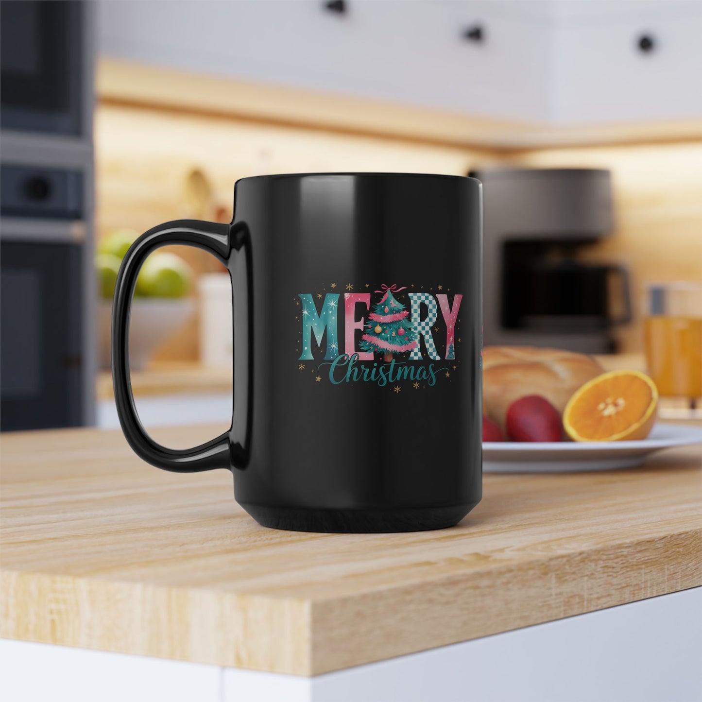 Merry Christmas Black Mug – Festive Tree Holiday Coffee Cup 15oz