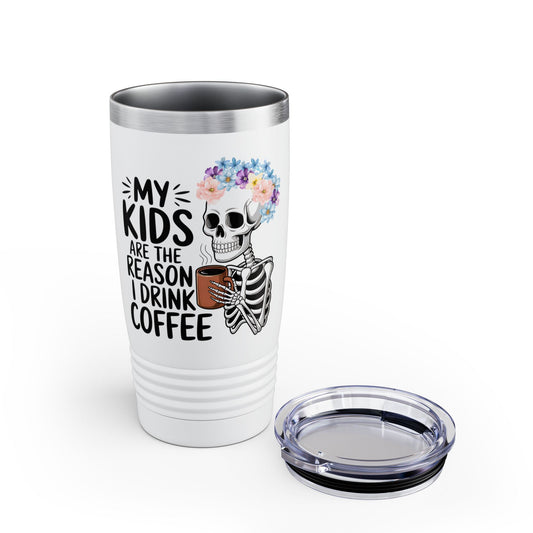 Floral Skeleton Mom Tumbler 20 oz Funny Mom Life Cup Graphic My Kids Are The Reason I Drink Coffee Colorful Flower Crown Skull Coffee Cup