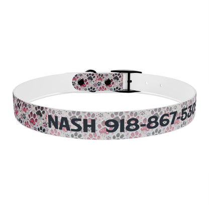 Personalized Paw Print Dog Collar — Custom Name & Phone Number, Cute Pink Gray Pet Collar