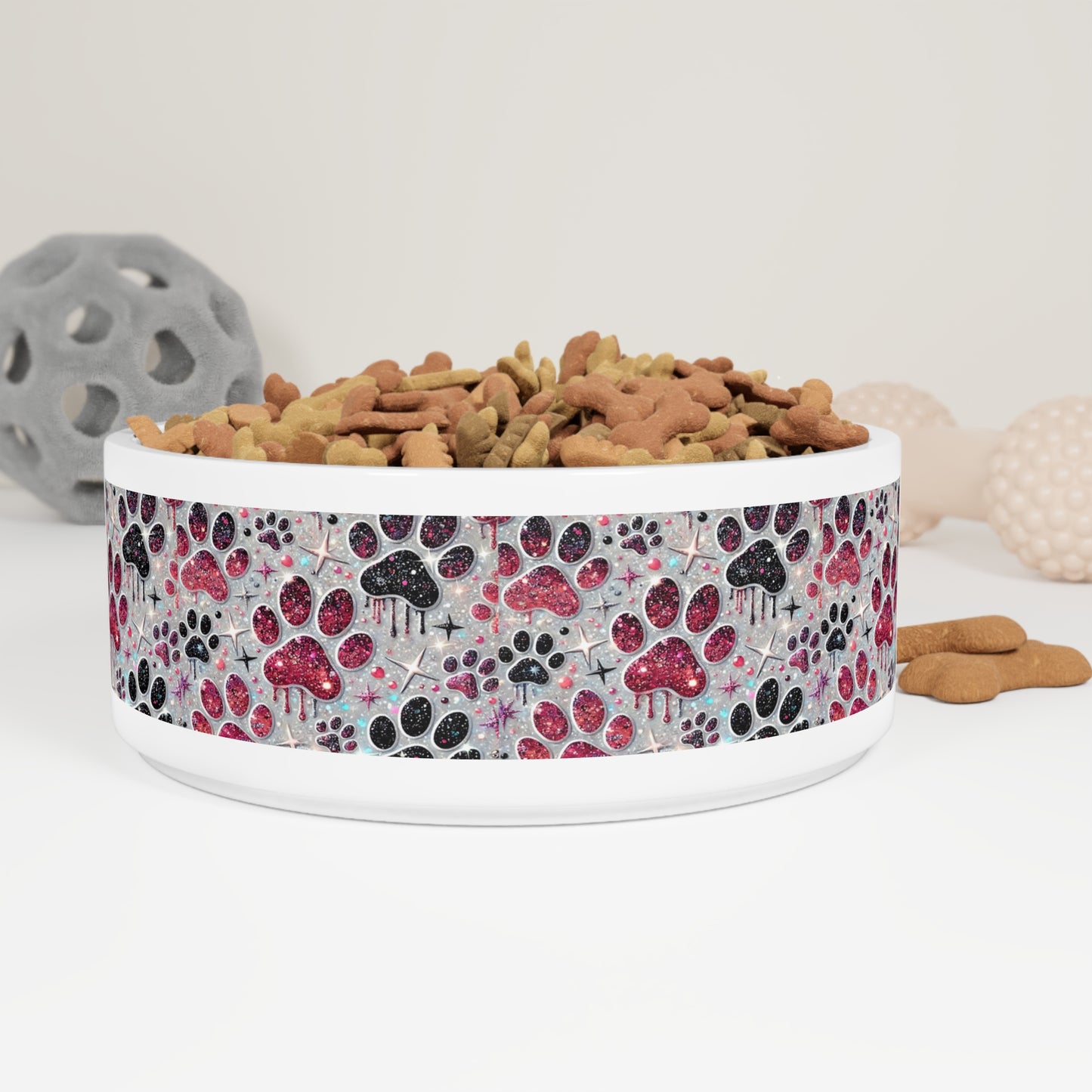 Glitter Paw Print Ceramic Pet Bowl — Pink & Black Glitter Paw Pattern