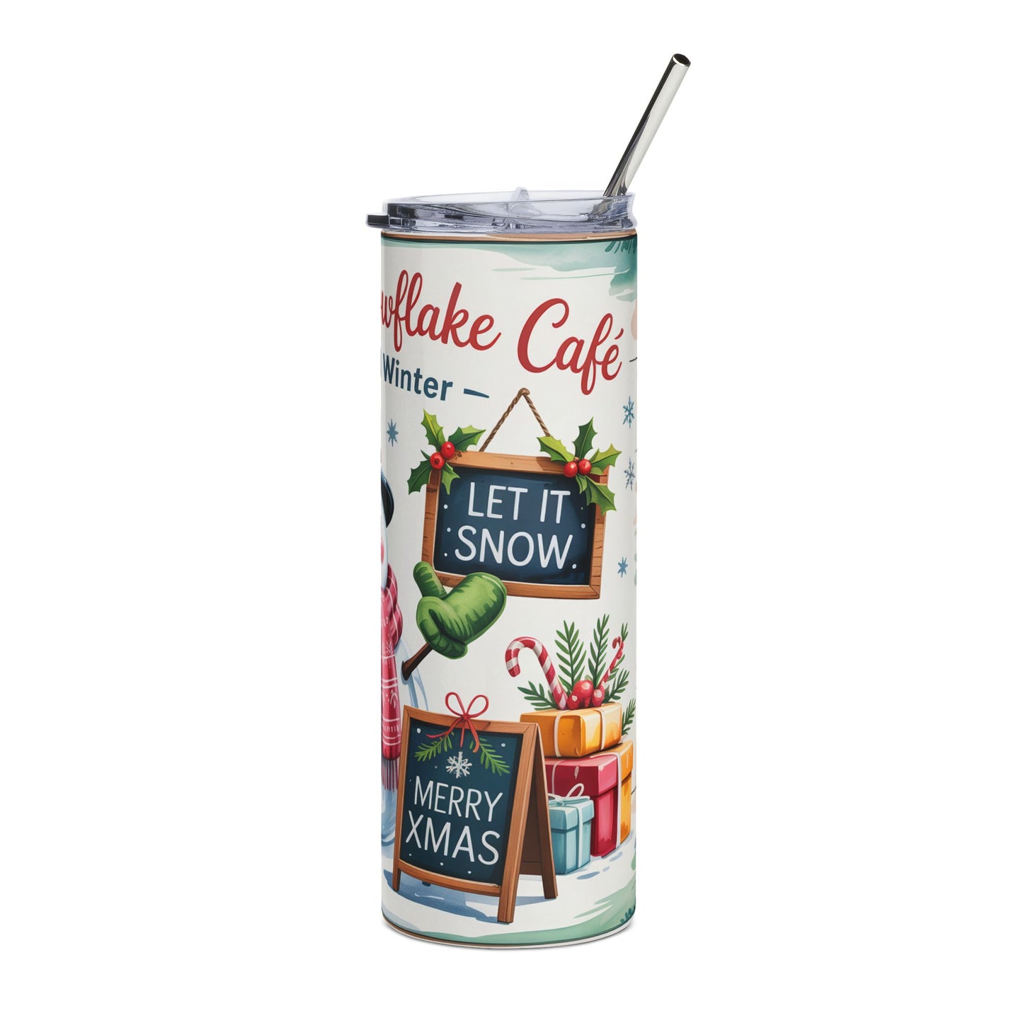 Christmas Snowman Tumbler — 20oz Stainless Steel Holiday Travel Cup (Frosty’s Snowflake Shop Design)