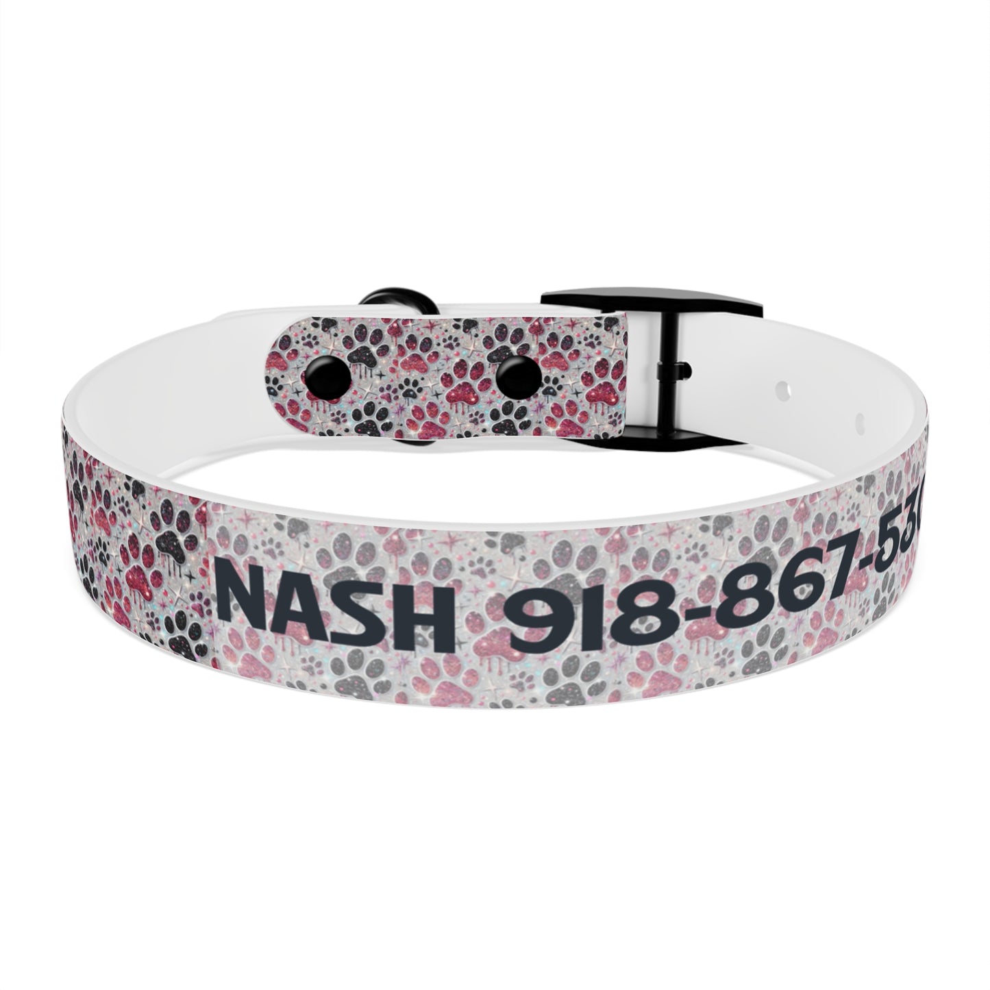 Personalized Paw Print Dog Collar — Custom Name & Phone Number, Cute Pink Gray Pet Collar