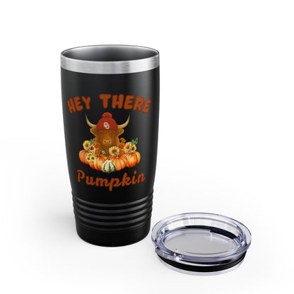 Highland Cow Sooner Fan Tumbler 20oz Hey There Pumpkin, Fall Travel Mug, Halloween Drinkware, Seasonal Coffee Cup, Pumpkin Spice Lover's Gift