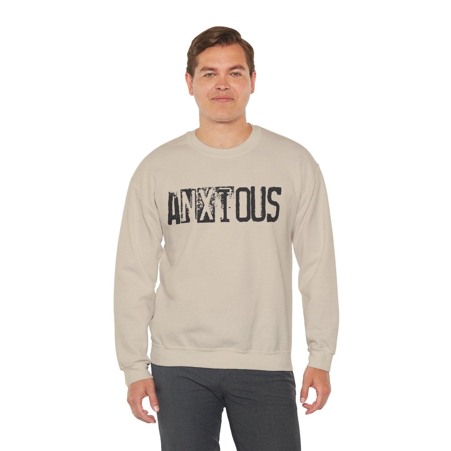Anxious Graphic Sweatshirt — Distressed Text Crewneck for Anxious Vibes
