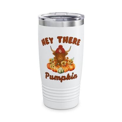 Highland Cow Sooner Fan Tumbler 20oz Hey There Pumpkin, Fall Travel Mug, Halloween Drinkware, Seasonal Coffee Cup, Pumpkin Spice Lover's Gift