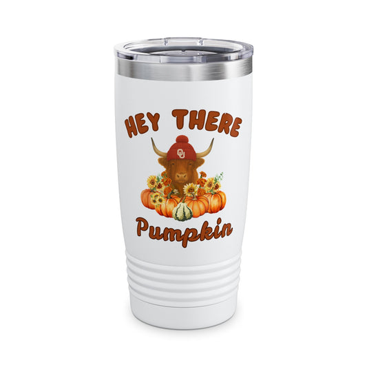 Highland Cow Sooner Fan Tumbler 20oz Hey There Pumpkin, Fall Travel Mug, Halloween Drinkware, Seasonal Coffee Cup, Pumpkin Spice Lover's Gift
