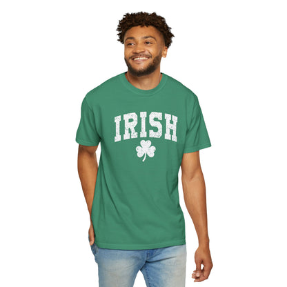 Irish Shamrock T-Shirt — Vintage Green 'IRISH' College Tee for St. Patrick's Day