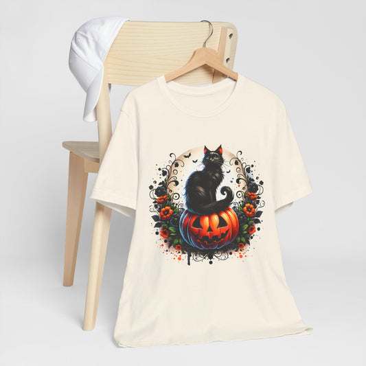 Halloween Black Cat T-Shirt, Unisex Jersey Short Sleeve Shirt, Spooky Fall Fashion, Cat Lover Gift, Autumn Celebrations, Halloween Shirt