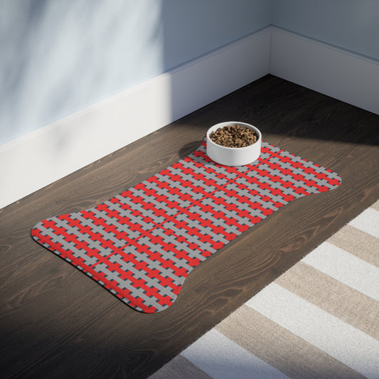Highland Red Pattern Pet Feeding Mat — Non-Slip Bone-Shaped Placemat for Dogs & Cats