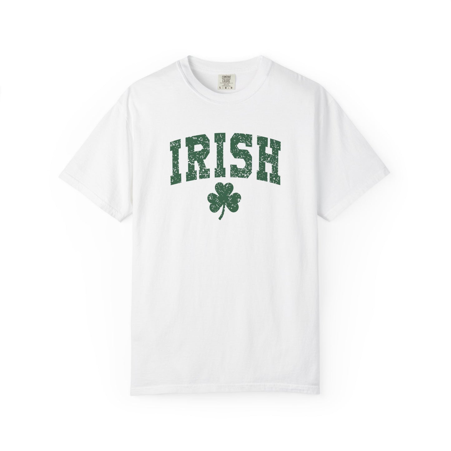 Irish Shamrock T-Shirt — Vintage Green 'IRISH' College Tee for St. Patrick's Day