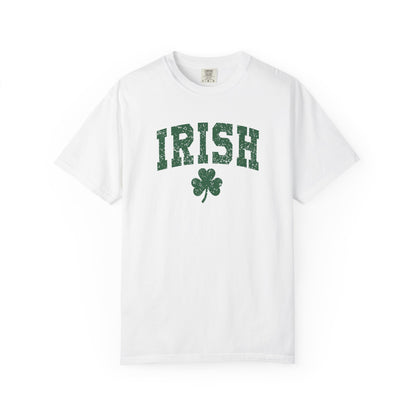 Irish Shamrock T-Shirt — Vintage Green 'IRISH' College Tee for St. Patrick's Day
