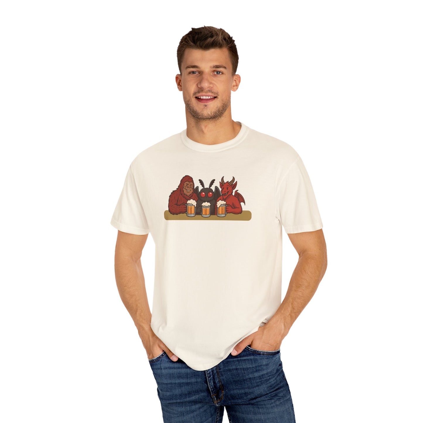 Bigfoot, Mothman and Jersey Devil Drinking Beer Comfort Colors T-Shirt