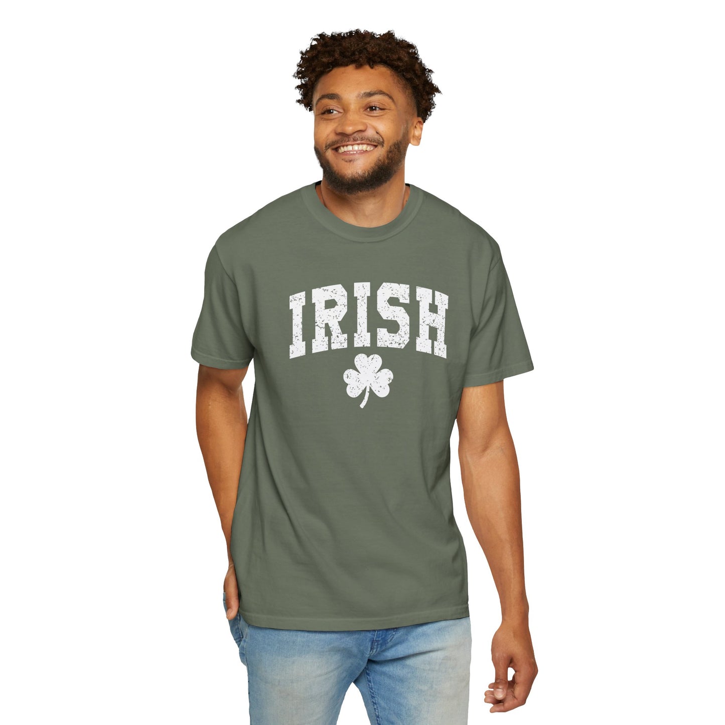 Irish Shamrock T-Shirt — Vintage Green 'IRISH' College Tee for St. Patrick's Day