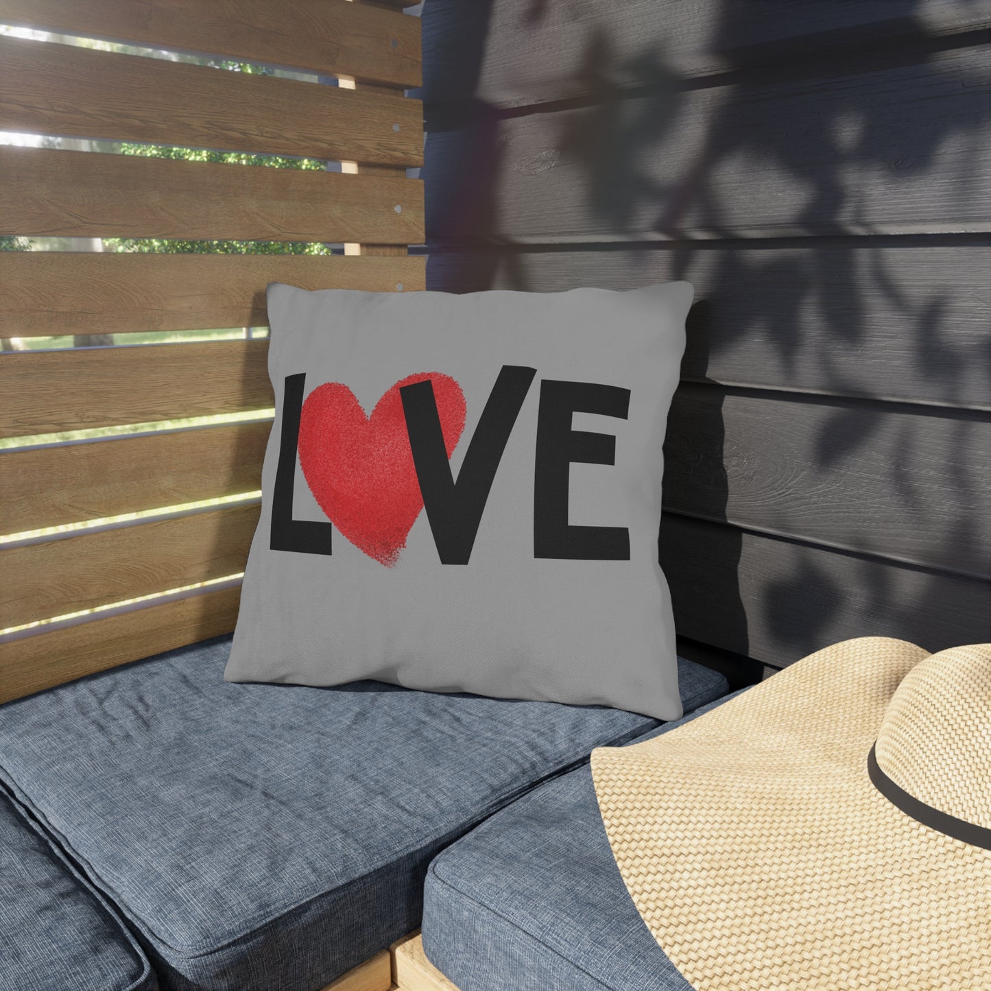 LOVE Heart Outdoor Pillow — Grey Patio Accent Cushion