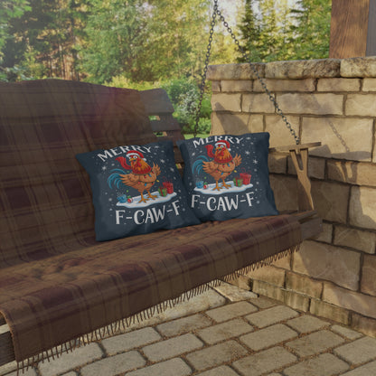 Holiday Rooster Outdoor Pillow — "Merry F‑Caw‑F" Funny Christmas Decor
