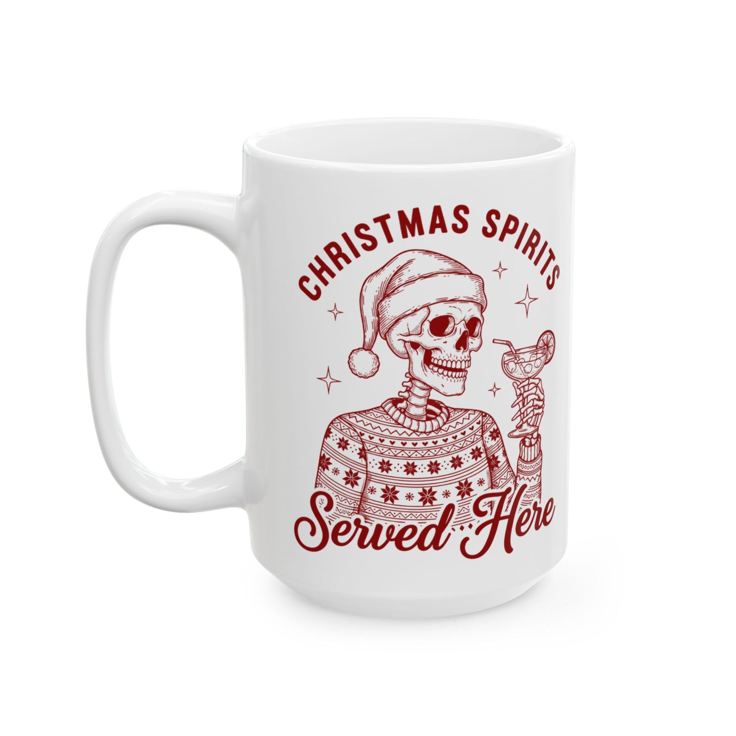 Christmas Spirits Ceramic Mug — ‘Spirits Serving Here’ Vintage Holiday Design 15oz