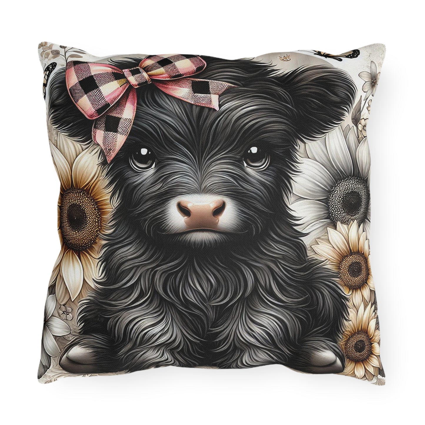 Highland Cow Outdoor Pillow — Cute Cow with Plaid Bow & Sunflowers