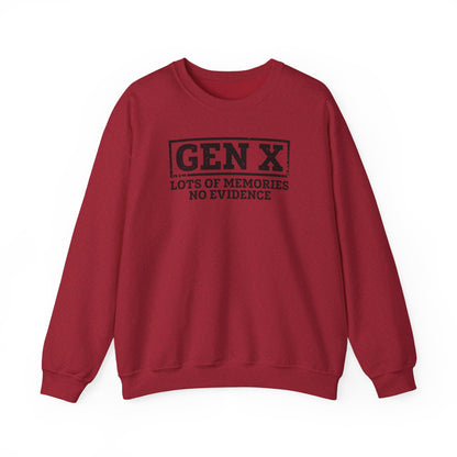 Gen X Crewneck Sweatshirt - "Lots of Memories, No Evidence" Vintage Retro Tee for 40s-50s